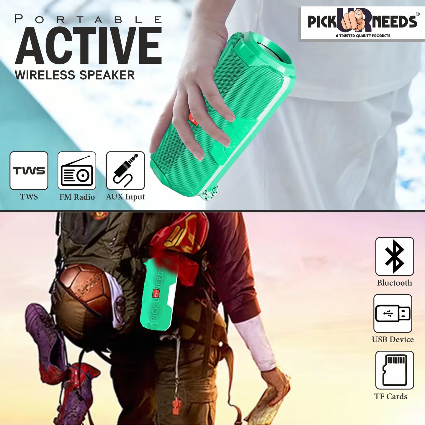 Pick Ur Needs  Rechargeable Mini Portable Wireless Bluetooth Super Bass Speaker With HD Audio 10 W Bluetooth Speaker (Green, Stereo Channel)